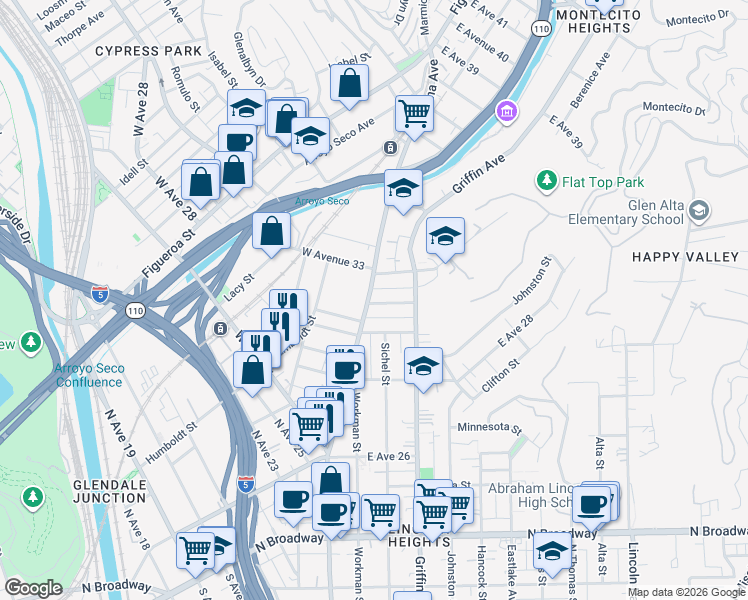 map of restaurants, bars, coffee shops, grocery stores, and more near 116 East Avenue 32 in Los Angeles