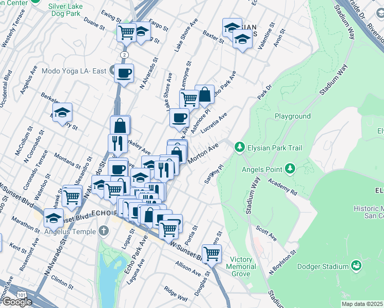 map of restaurants, bars, coffee shops, grocery stores, and more near 1600 Morton Avenue in Los Angeles