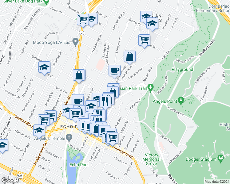 map of restaurants, bars, coffee shops, grocery stores, and more near in Los Angeles