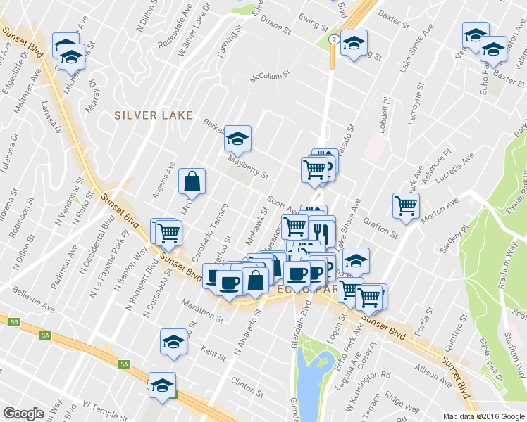 map of restaurants, bars, coffee shops, grocery stores, and more near 1411 Allesandro Street in Los Angeles