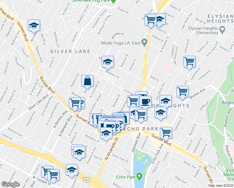 map of restaurants, bars, coffee shops, grocery stores, and more near 2210 Montana Street in Los Angeles