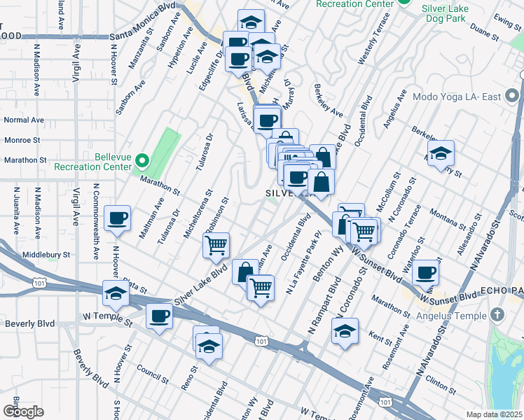 map of restaurants, bars, coffee shops, grocery stores, and more near in Los Angeles