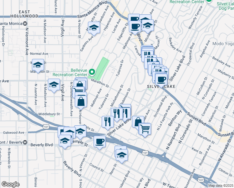 map of restaurants, bars, coffee shops, grocery stores, and more near 726 Micheltorena Street in Los Angeles