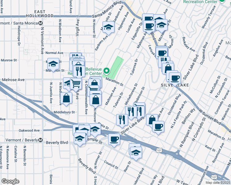 map of restaurants, bars, coffee shops, grocery stores, and more near 706 Tularosa Drive in Los Angeles