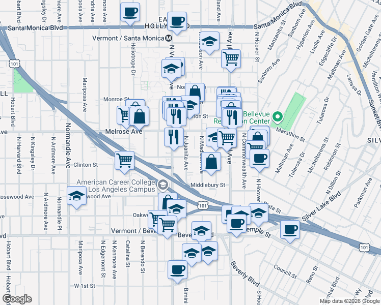 map of restaurants, bars, coffee shops, grocery stores, and more near 4014 Clinton Street in Los Angeles