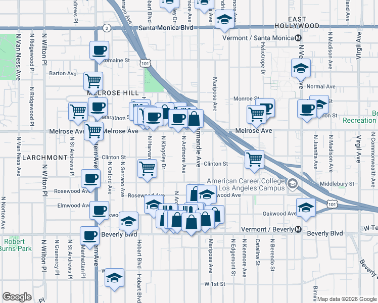 map of restaurants, bars, coffee shops, grocery stores, and more near 555 North Ardmore Avenue in Los Angeles