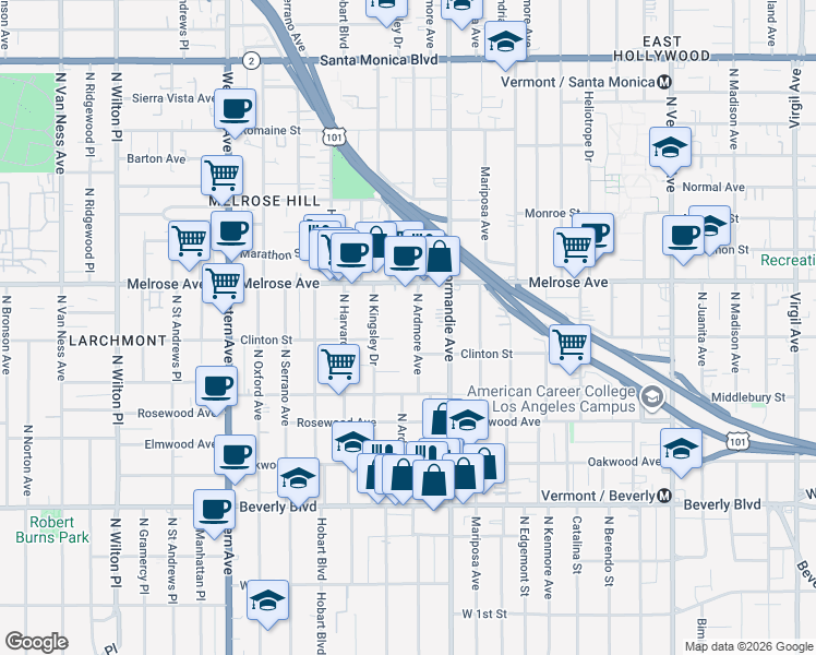 map of restaurants, bars, coffee shops, grocery stores, and more near 555 North Ardmore Avenue in Los Angeles
