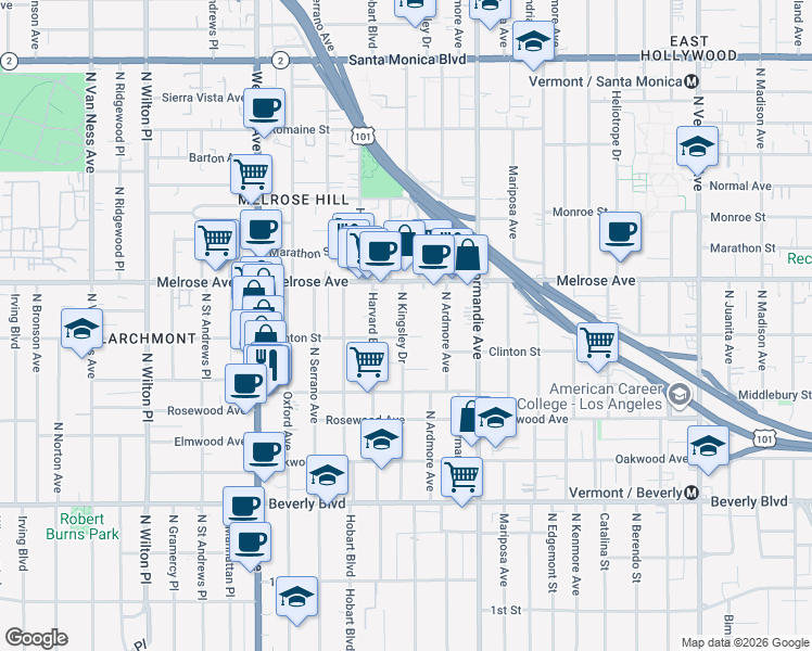map of restaurants, bars, coffee shops, grocery stores, and more near 555 North Kingsley Drive in Los Angeles