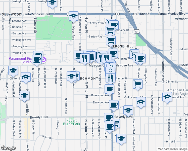 map of restaurants, bars, coffee shops, grocery stores, and more near 540 North Gramercy Place in Los Angeles