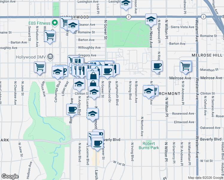 map of restaurants, bars, coffee shops, grocery stores, and more near 590 North Beachwood Drive in Los Angeles