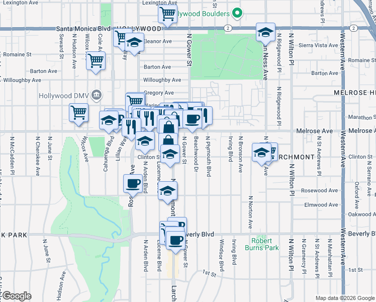 map of restaurants, bars, coffee shops, grocery stores, and more near 589 North Gower Street in Los Angeles