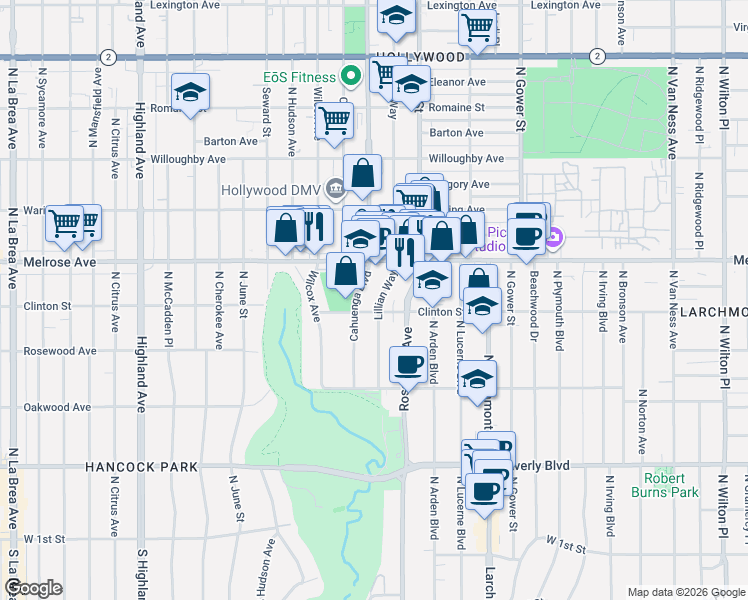 map of restaurants, bars, coffee shops, grocery stores, and more near 590 North Cahuenga Boulevard in Los Angeles