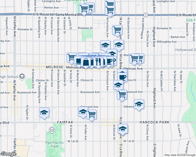 map of restaurants, bars, coffee shops, grocery stores, and more near 540 North Poinsettia Place in Los Angeles