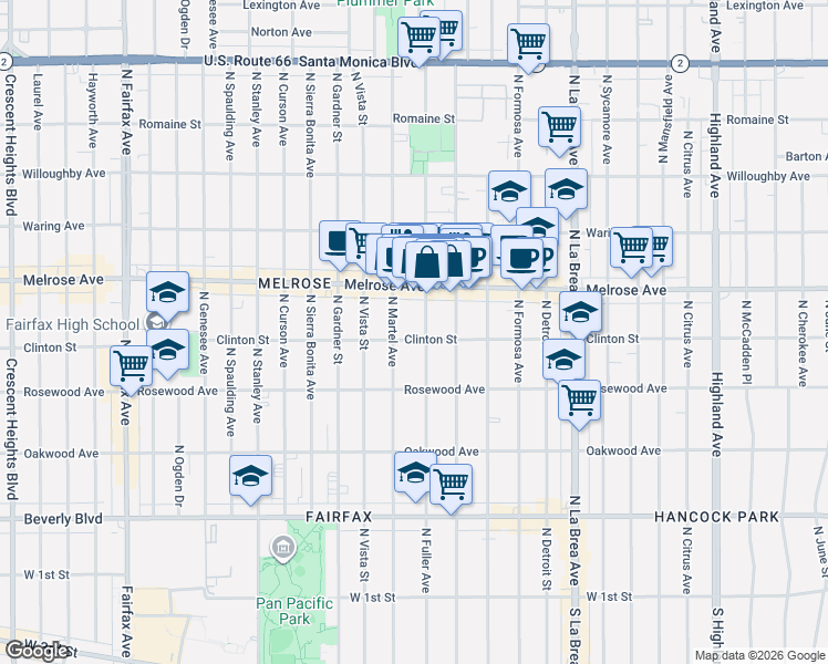 map of restaurants, bars, coffee shops, grocery stores, and more near 539 North Fuller Avenue in Los Angeles