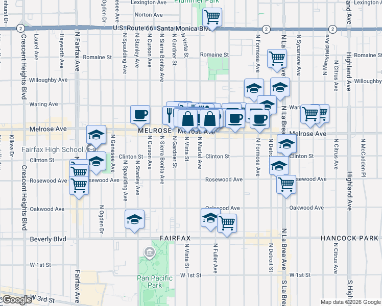 map of restaurants, bars, coffee shops, grocery stores, and more near 543 North Martel Avenue in Los Angeles
