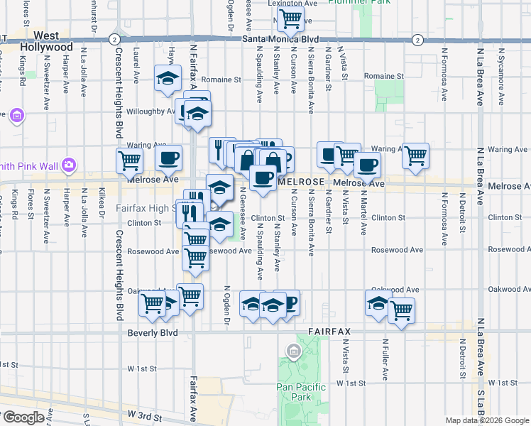 map of restaurants, bars, coffee shops, grocery stores, and more near 545 North Spaulding Avenue in Los Angeles