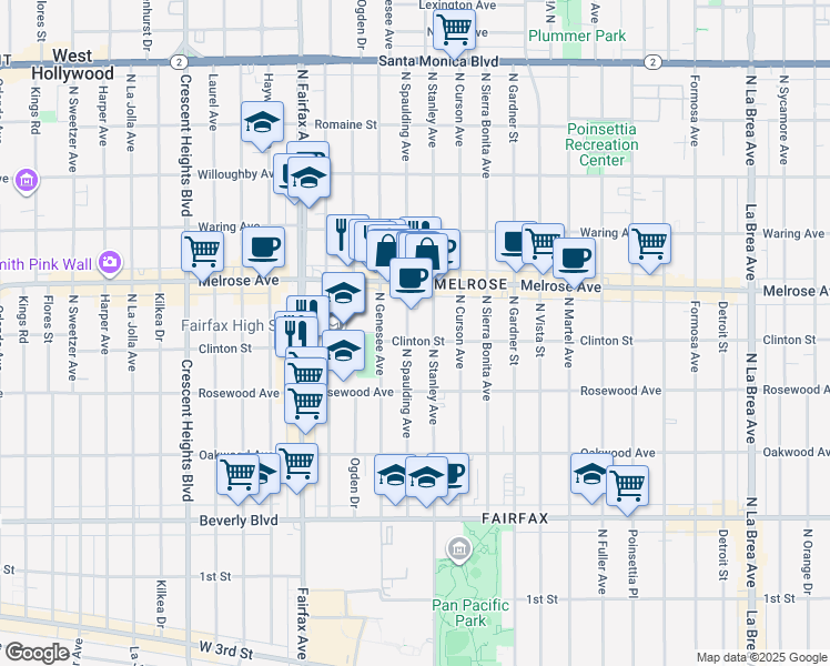 map of restaurants, bars, coffee shops, grocery stores, and more near 545 North Spaulding Avenue in Los Angeles