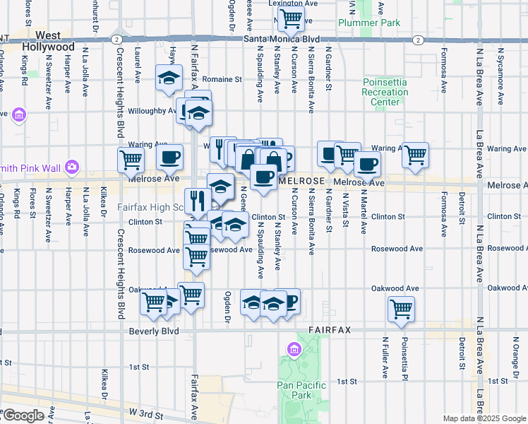 map of restaurants, bars, coffee shops, grocery stores, and more near 545 North Spaulding Avenue in Los Angeles