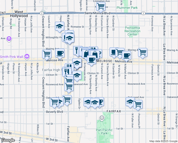 map of restaurants, bars, coffee shops, grocery stores, and more near 545 North Spaulding Avenue in Los Angeles