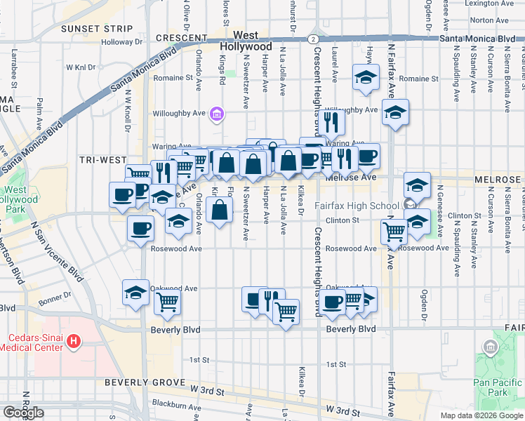 map of restaurants, bars, coffee shops, grocery stores, and more near 8262 Clinton Street in Los Angeles
