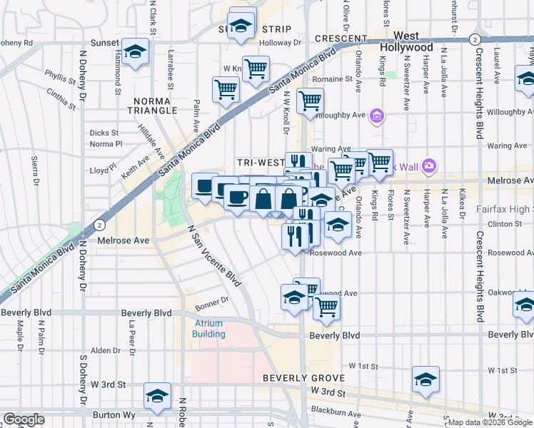 map of restaurants, bars, coffee shops, grocery stores, and more near 552 Westmount Drive in West Hollywood