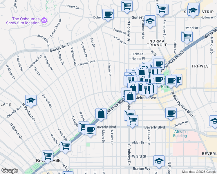 map of restaurants, bars, coffee shops, grocery stores, and more near 602 Alta Drive in Beverly Hills