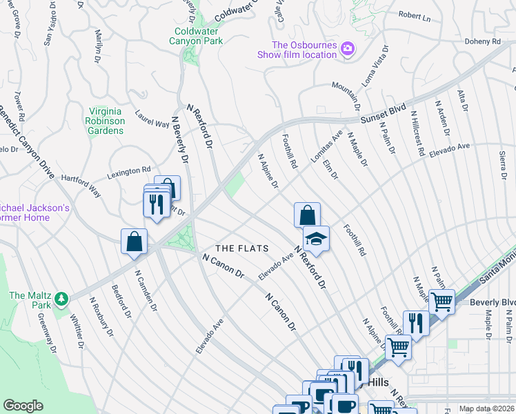 map of restaurants, bars, coffee shops, grocery stores, and more near 801 North Rexford Drive in Beverly Hills