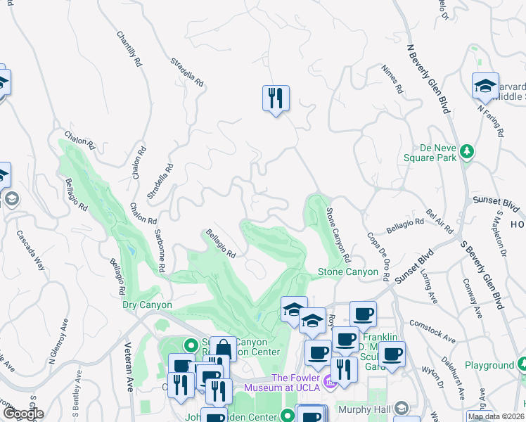 map of restaurants, bars, coffee shops, grocery stores, and more near 10675 Bellagio Road in Los Angeles