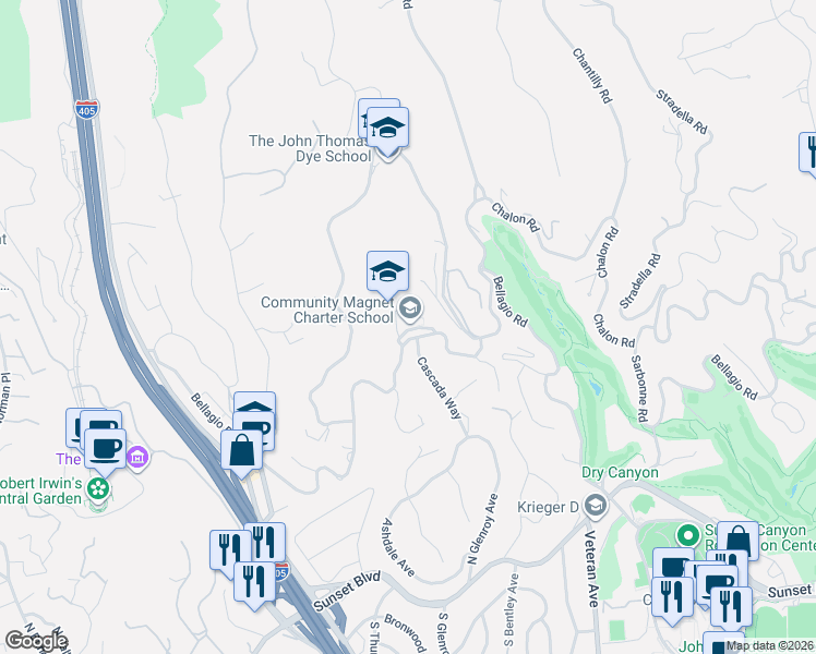 map of restaurants, bars, coffee shops, grocery stores, and more near 629 Cascada Way in Los Angeles
