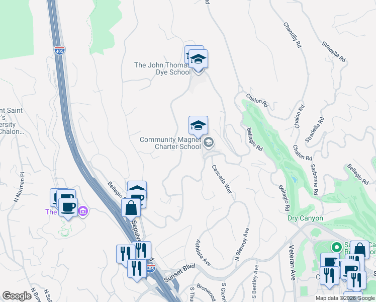 map of restaurants, bars, coffee shops, grocery stores, and more near 830 Linda Flora Drive in Los Angeles