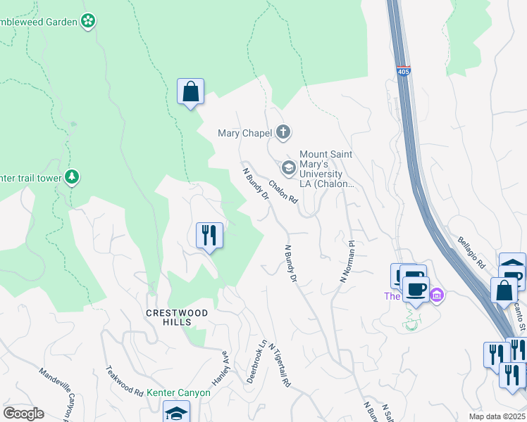 map of restaurants, bars, coffee shops, grocery stores, and more near 1235 North Bundy Drive in Los Angeles