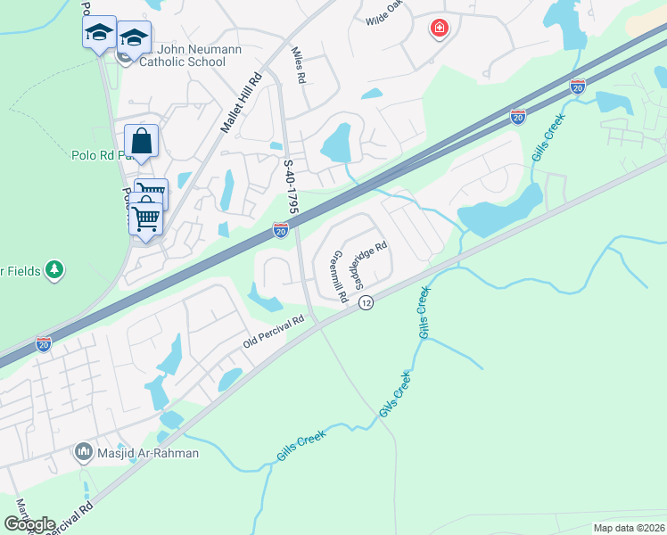 map of restaurants, bars, coffee shops, grocery stores, and more near 114 Greenmill Road in Columbia