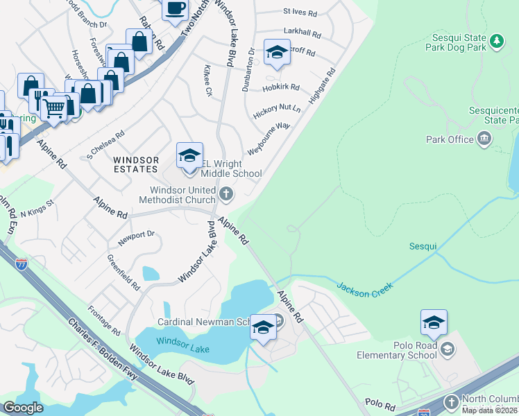 map of restaurants, bars, coffee shops, grocery stores, and more near 9420 Highgate Road in Columbia