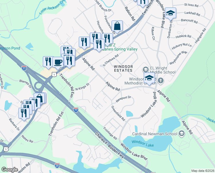 map of restaurants, bars, coffee shops, grocery stores, and more near 2517 Alpine Road in Columbia