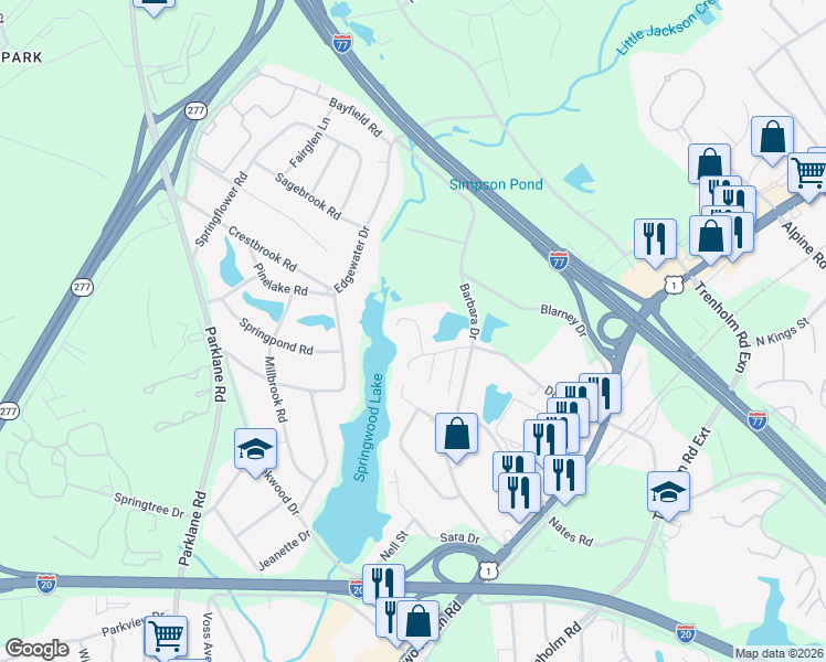 map of restaurants, bars, coffee shops, grocery stores, and more near 1728 Springwoods Lake Drive in Columbia