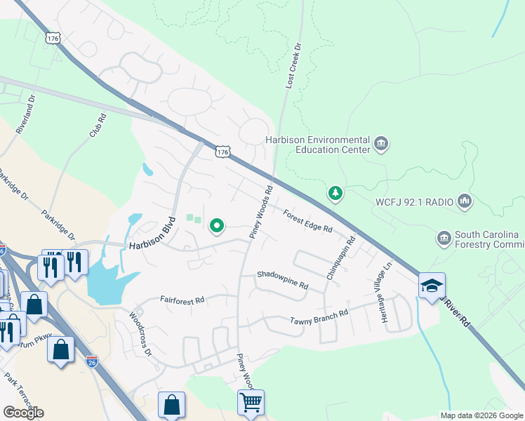 map of restaurants, bars, coffee shops, grocery stores, and more near 53 Woodpine Court in Columbia