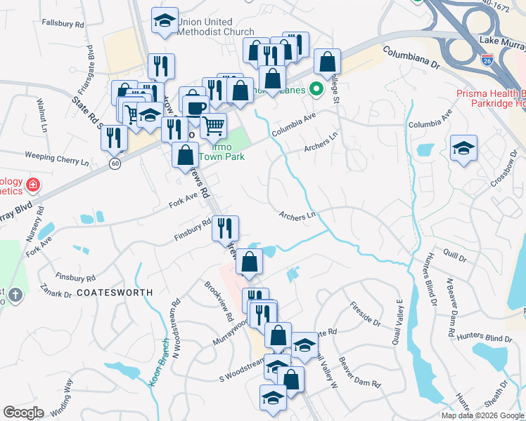 map of restaurants, bars, coffee shops, grocery stores, and more near 7182 Saint Andrews Road in Columbia