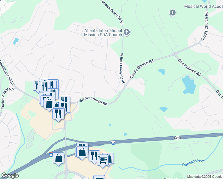 map of restaurants, bars, coffee shops, grocery stores, and more near 2640 Ogden Trail in Buford