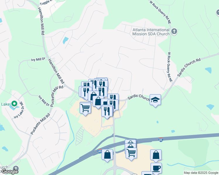 map of restaurants, bars, coffee shops, grocery stores, and more near 3315 Sardis Bend Drive in Buford