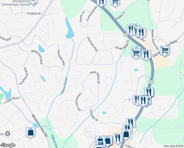 map of restaurants, bars, coffee shops, grocery stores, and more near 5570 Buck Hollow Drive in Alpharetta