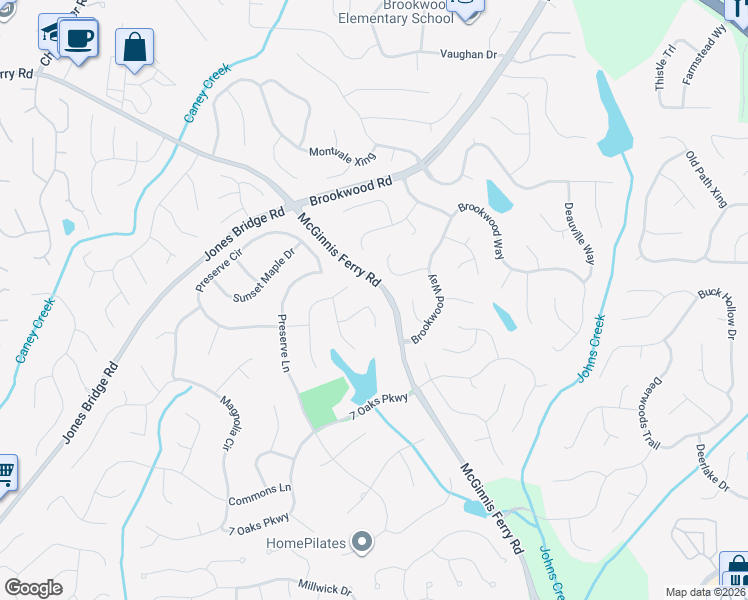 map of restaurants, bars, coffee shops, grocery stores, and more near 350 Tree Lake Court in Alpharetta