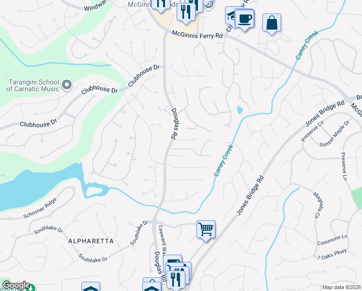 map of restaurants, bars, coffee shops, grocery stores, and more near 5355 Derby Chase Court in Alpharetta