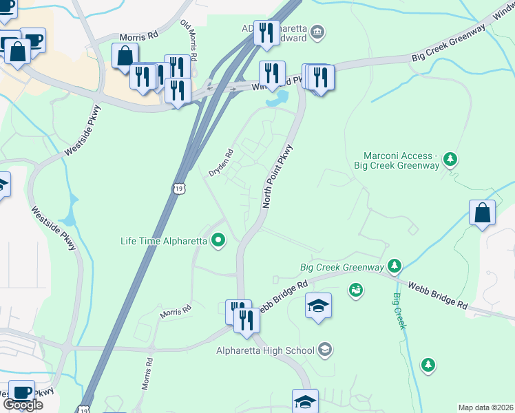 map of restaurants, bars, coffee shops, grocery stores, and more near 976 Catamaran Court in Alpharetta