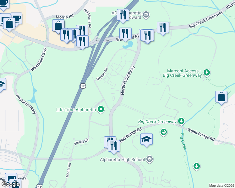 map of restaurants, bars, coffee shops, grocery stores, and more near 976 Catamaran Court in Alpharetta