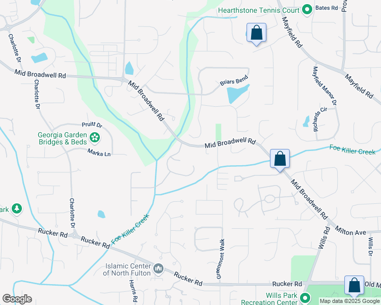 map of restaurants, bars, coffee shops, grocery stores, and more near 1395 Mid Broadwell Road in Alpharetta