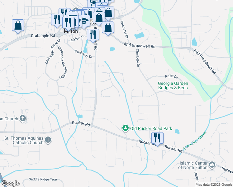 map of restaurants, bars, coffee shops, grocery stores, and more near 2170 Knightsbridge Way in Alpharetta