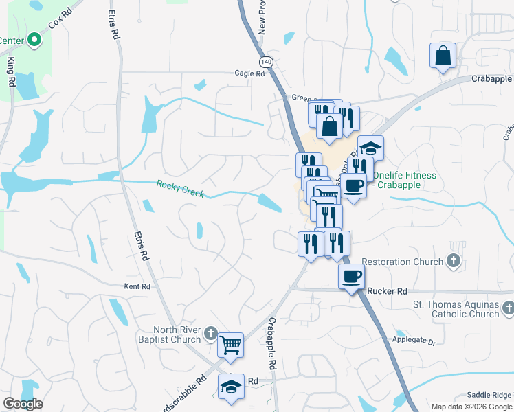 map of restaurants, bars, coffee shops, grocery stores, and more near 645 Water Garden Way in Roswell