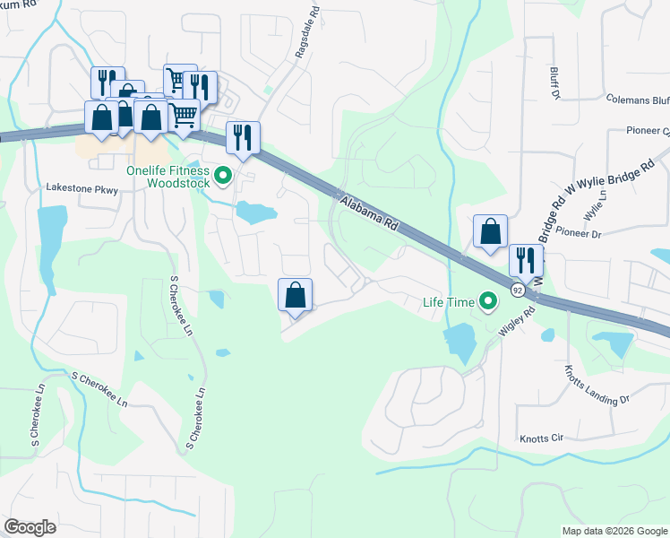 map of restaurants, bars, coffee shops, grocery stores, and more near 346 Glens Way in Woodstock