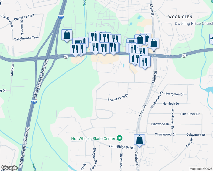 map of restaurants, bars, coffee shops, grocery stores, and more near 299 Stockwood Drive in Woodstock