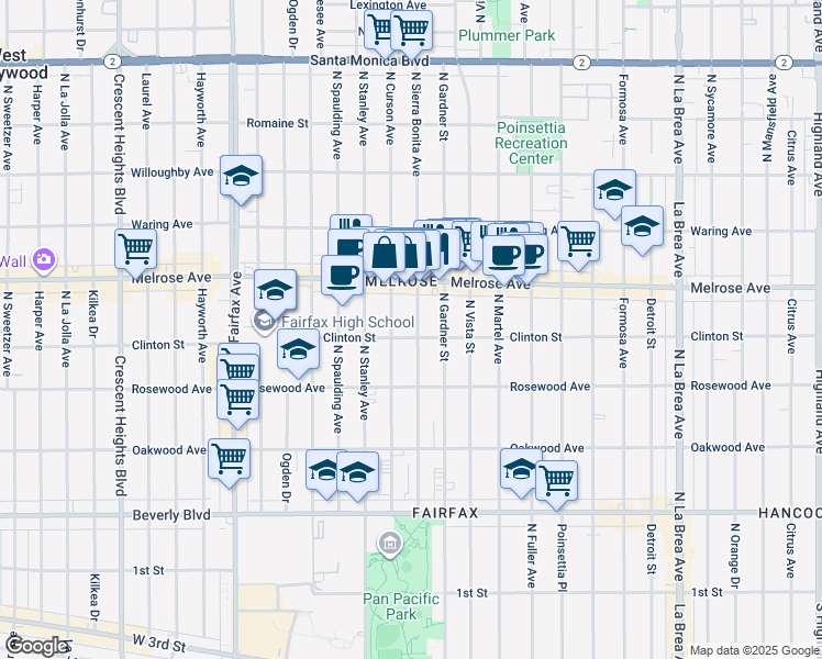 map of restaurants, bars, coffee shops, grocery stores, and more near 607 North Sierra Bonita Avenue in Los Angeles